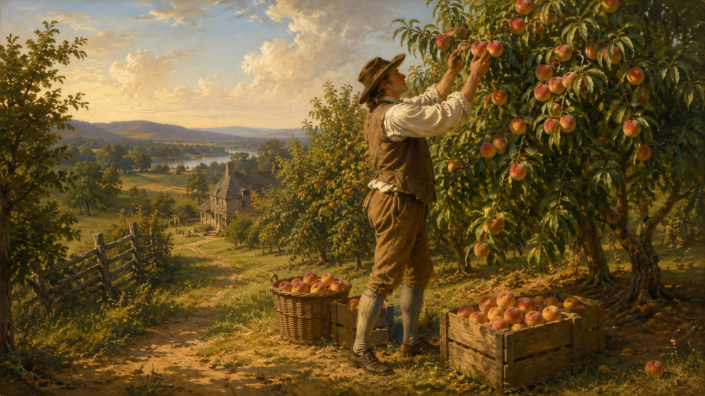 A farmer picking peaches in a peach orchard